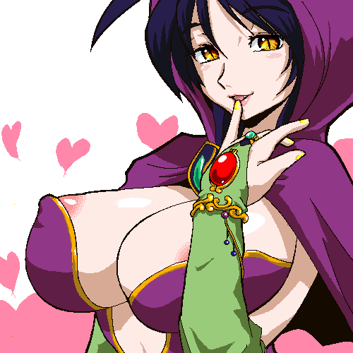 fjt (fjym2), fjym2, deis, breath of fire, breath of fire i, breath of fire ii, bad id, bad pixiv id, lowres, 1girl, blue hair, blush, breasts, cleavage, covered erect nipples, female focus, heart, hood, huge breasts, japanese clothes, jewelry, lips, nipples, oekaki, solo, yellow eyes