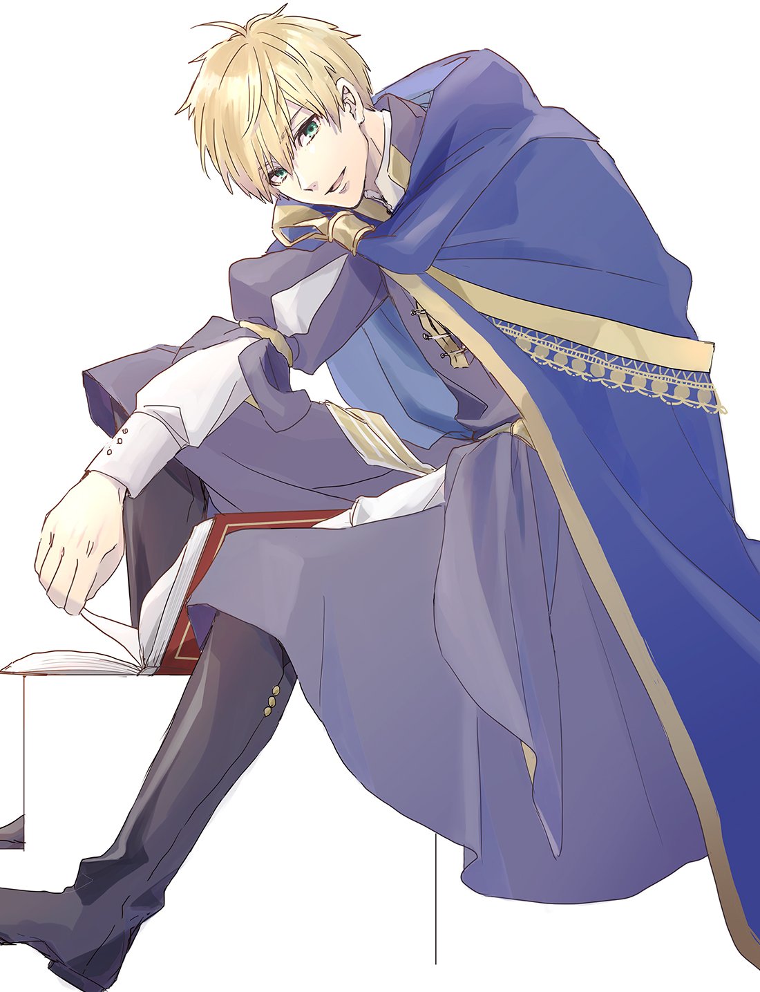 date (toybox), arthur pendragon (fate), fate/grand order, fate (series), commentary request, highres, 1boy, black boots, blonde hair, blue cape, book, boots, buttons, cape, from side, full body, gold trim, green eyes, hair between eyes, long sleeves, looking at viewer, male focus, mandarin collar, open book, open mouth, pants, puffy long sleeves, puffy sleeves, purple robe, robe, shirt, short hair, simple background, sitting, smile, solo, teeth, white background, white pants, white shirt