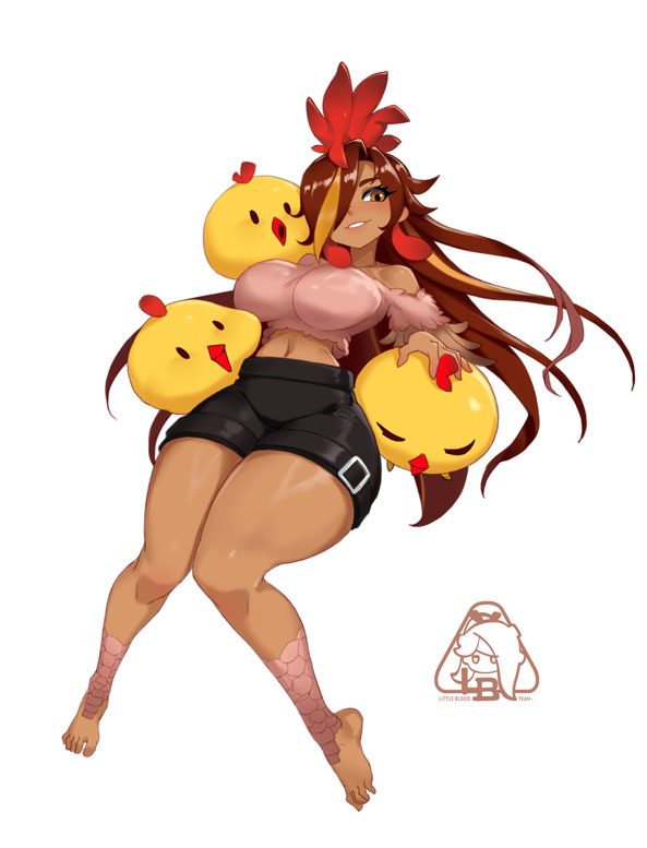 little blood, original, 1girl, barefoot, bird, breasts, chicken, dark-skinned female, dark skin, large breasts