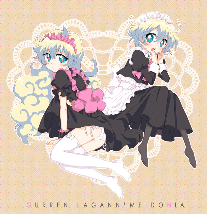 hazuki (pacco), nia teppelin, tengen toppa gurren lagann, 00s, blonde hair, blue eyes, clothes lift, cross-shaped pupils, curly hair, long hair, maid, panties, short hair, side-tie panties, skirt, skirt lift, symbol-shaped pupils, thighhighs, underwear
