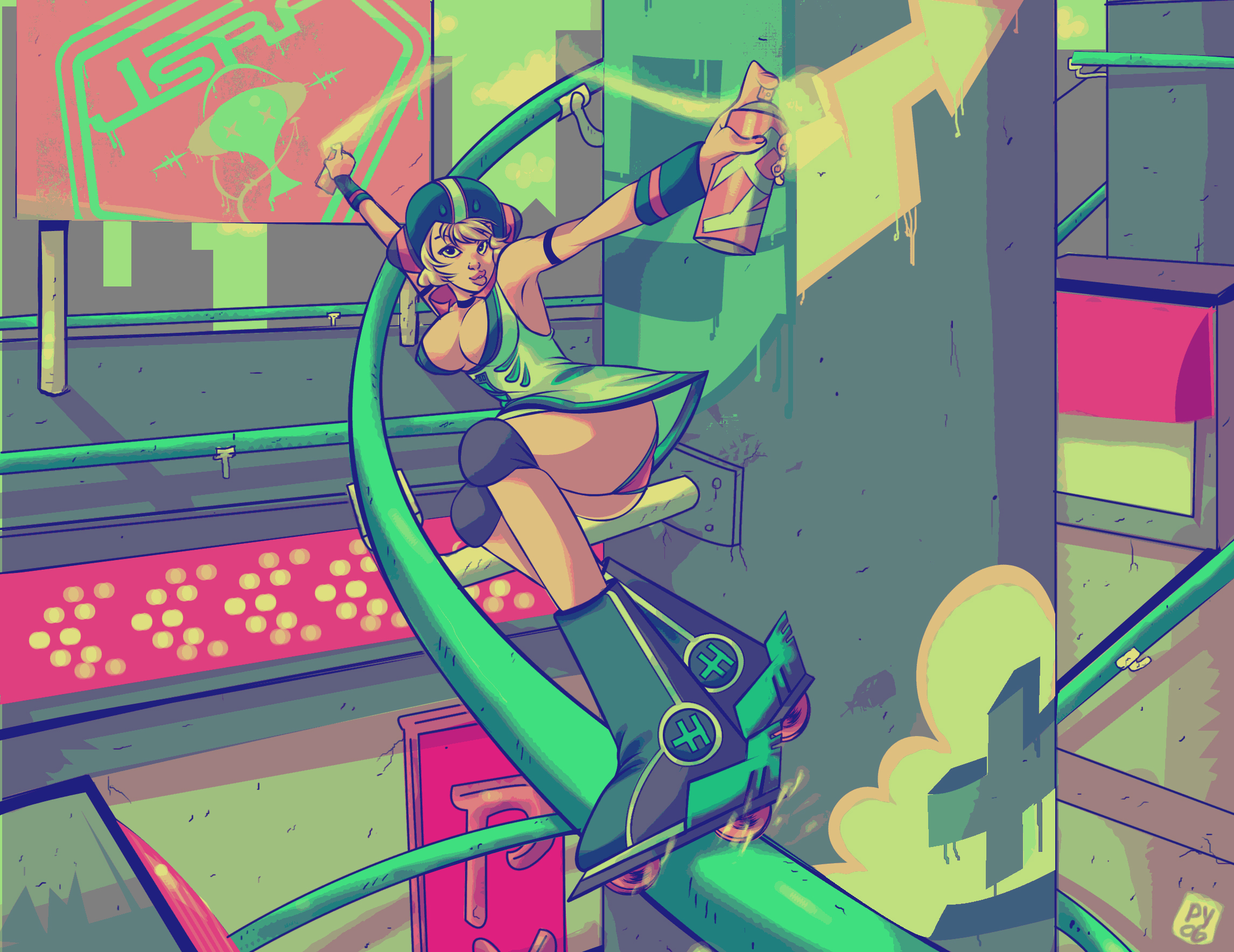 ashleigh hetrick, gum (jsr), jet grind radio, jet set radio, sega, highres, armpits, blonde hair, breasts, cleavage, gum, helmet, inline skates, knee pads, legs, lips, panties, roller skates, skates, skating, skirt, spray paint, underwear