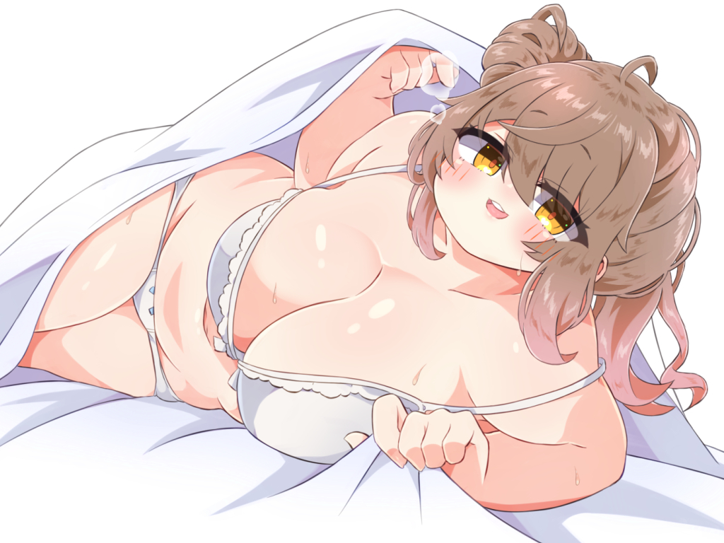 konbu latte, konbulatte, sasara sato, cevio, 1girl, bed, bed invitation, bed sheet, blush, bra, breasts, brown hair, cleavage, hair bun, large breasts, lifting covers, lying, medium hair, messy hair, navel, on side, open mouth, panties, plump, side bun, single hair bun, smile, solo, sweat, underwear, white background, white bra, white panties, yellow eyes