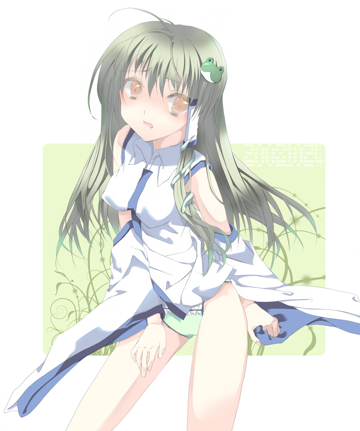 ise (velvet088), kochiya sanae, touhou, highres, 1girl, breasts, female focus, green panties, panties, solo, underwear, white background