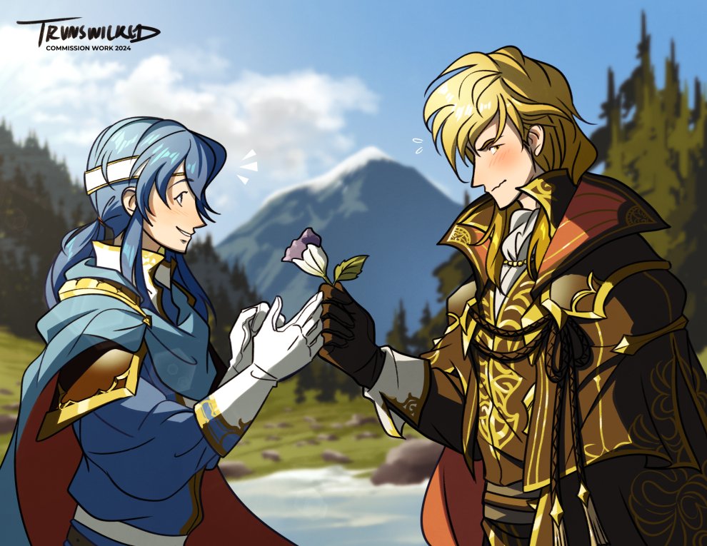 trunswicked, ares (fire emblem), seliph (fire emblem), fire emblem, fire emblem: genealogy of the holy war, nintendo, commentary, commission, english commentary, 2024, 2boys, artist name, blonde hair, blue hair, blurry, blurry background, blush, cape, flower, giving flower, gloves, long hair, male focus, mountain, multiple boys, outdoors, ponytail, sidelocks, tree, two-sided cape, two-sided fabric, yaoi, yellow eyes