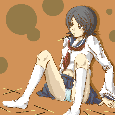 hitou nami, sayonara zetsubou sensei, lowres, non-web source, 00s, black eyes, black hair, food, kneehighs, midriff, mouth hold, oekaki, panties, pantyshot, pixel art, pocky, school uniform, serafuku, short hair, sitting, skirt, socks, solo, spread legs, underwear