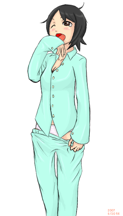 hitou nami, sayonara zetsubou sensei, non-web source, 00s, 1girl, black hair, breasts, brown eyes, cleavage, clothes pull, female focus, messy hair, one eye closed, pajamas, panties, pants, pants pull, pulling own clothes, short hair, sleepy, small breasts, solo, striped clothes, striped panties, tears, underwear, wink, yawning
