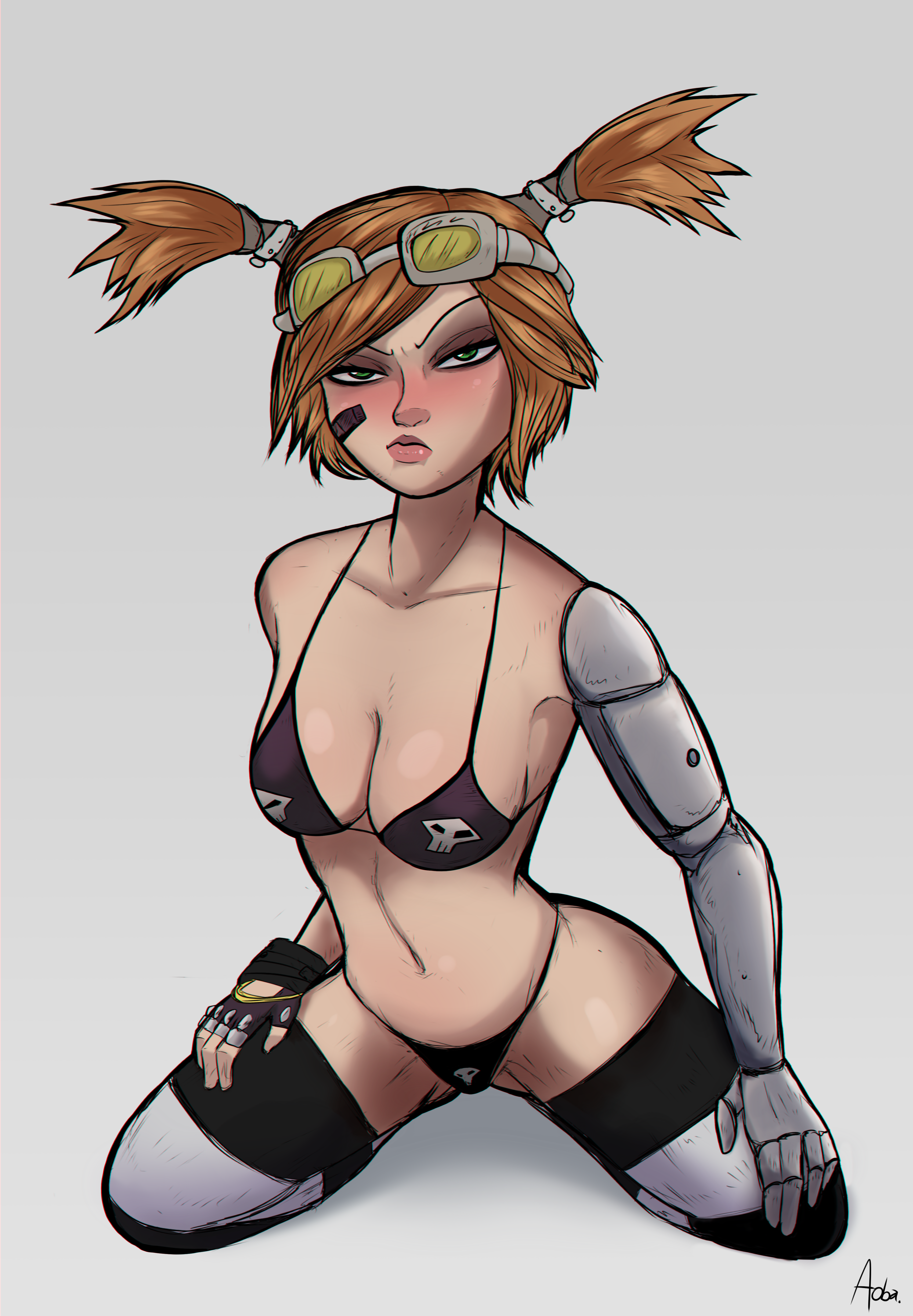 aobacarry, borderlands, borderlands (series), borderlands 2, gearbox software, 1girl, ass, bikini, blonde hair, blush, cyborg, female focus, gaige (borderlands), goggles, goggles on head, prosthesis, prosthetic arm, prosthetic limb, sci-fi, science fiction, solo, swimsuit, thighhighs