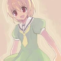 koto (colorcube), houjou satoko, higurashi no naku koro ni, lowres, 00s, 1girl, blonde hair, fang, female focus, oekaki, open mouth, red eyes, short hair, smile, solo