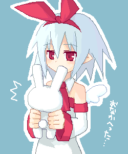koto (colorcube), pleinair, usagi-san, disgaea, original, lowres, 1girl, blue hair, female focus, oekaki, rabbit, red eyes, short hair, solo, stuffed animal, stuffed rabbit, stuffed toy