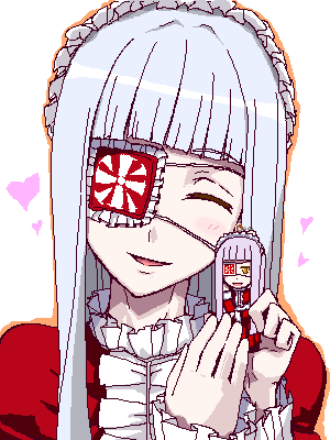 ifuji shinsen, original, lowres, 2girls, blue hair, eyepatch, multiple girls, orange outline, outline