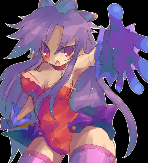 angela (seiken densetsu 3), seiken densetsu, seiken densetsu 3, square enix, bad id, bad pixiv id, 1girl, female focus, leotard, long hair, pointy ears, purple hair, red eyes, red leotard, solo, thighhighs