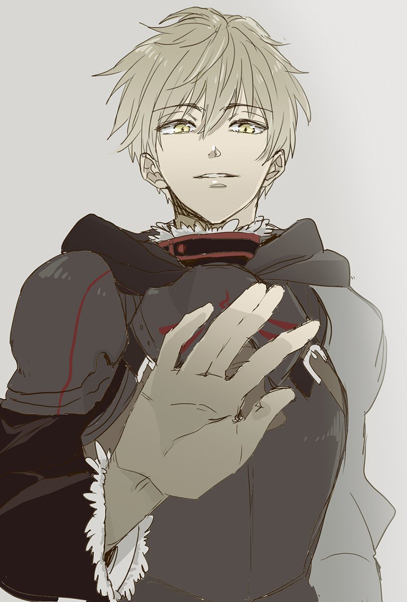 date (toybox), arthur pendragon (fate), arthur pendragon alter (fate), fate/prototype, fate (series), commentary request, highres, 1boy, armor, black armor, black cape, black shirt, cape, dark persona, full armor, fur-trimmed sleeves, fur trim, grey hair, hair between eyes, hand up, lips, long sleeves, looking at viewer, male focus, shirt, short hair, shoulder armor, simple background, smile, solo, teeth, upper body, white background, wide sleeves, yellow eyes