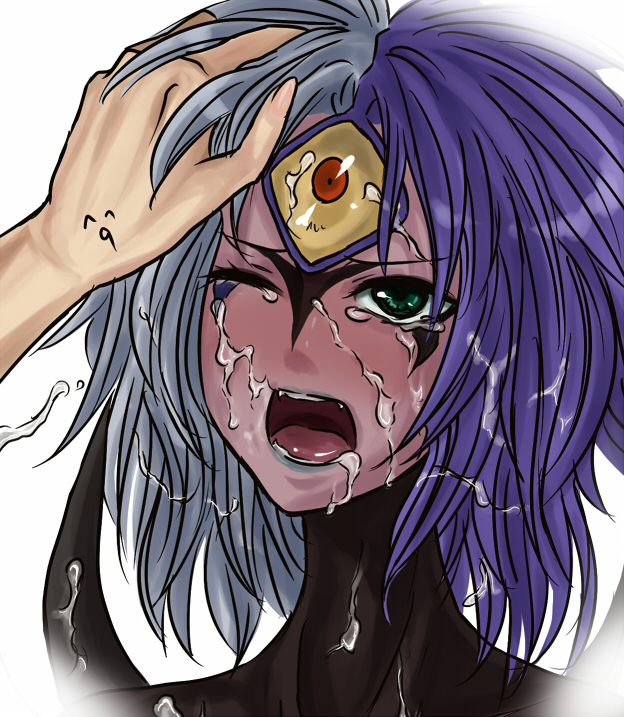 melting scarlet, yubel, yu-gi-oh!, yu-gi-oh! gx, bad id, bad pixiv id, 1girl, cum, cum on body, duel monster, facial, green eyes, multicolored hair, purple hair, short hair, solo focus, split-color hair, white hair