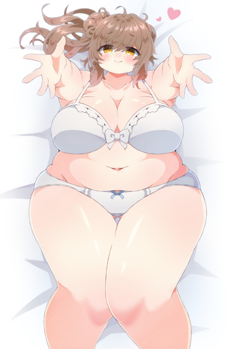 konbu latte, konbulatte, sasara sato, cevio, 1girl, arms up, bed, belly, blush, bow, bra, breasts, brown hair, cleavage, fat, fat woman, from above, hair bun, heart, large breasts, lips, lying, medium hair, navel, on back, panties, plump, reaching, reaching towards viewer, side bun, side ponytail, single hair bun, smile, solo, thick thighs, thighs, underwear, white background, white bow, white bra, white panties, wide hips, yellow eyes