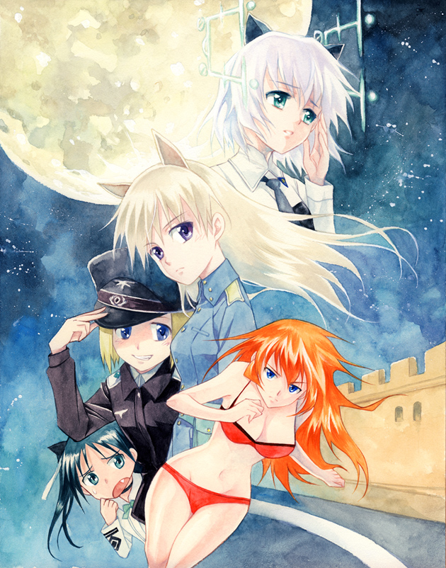 agahari, charlotte e. yeager, eila ilmatar juutilainen, erica hartmann, francesca lucchini, sanya v. litvyak, strike witches, world witches series, traditional media, 00s, 5girls, animal ears, bikini, blonde hair, blue eyes, fang, green eyes, green hair, hirschgeweih antennas, military, military uniform, moon, multiple girls, red hair, swimsuit, white hair