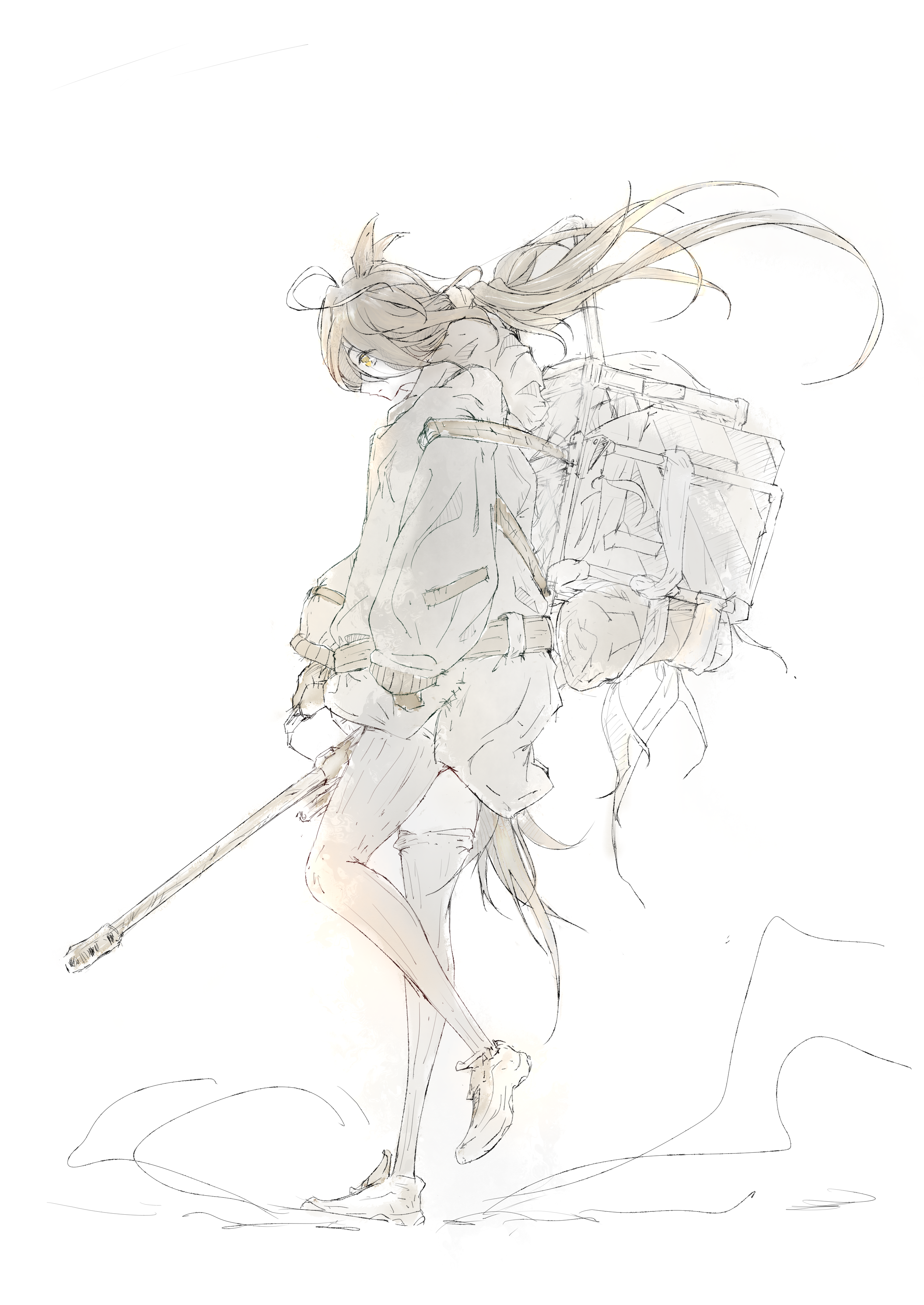 manhattan cafe (umamusume), umamusume, absurdres, highres, 1girl, ahoge, animal ears, backlighting, bedroll, belt, earrings, floating hair, gun, hood, hooded jacket, horse ears, horse girl, horse tail, jacket, jewelry, long hair, long sleeves, low ponytail, multicolored hair, ponytail, rifle, serviper, shoes, simple background, sneakers, solo, tail, thighhighs, very long hair, weapon, white background, yin yang, yin yang earrings