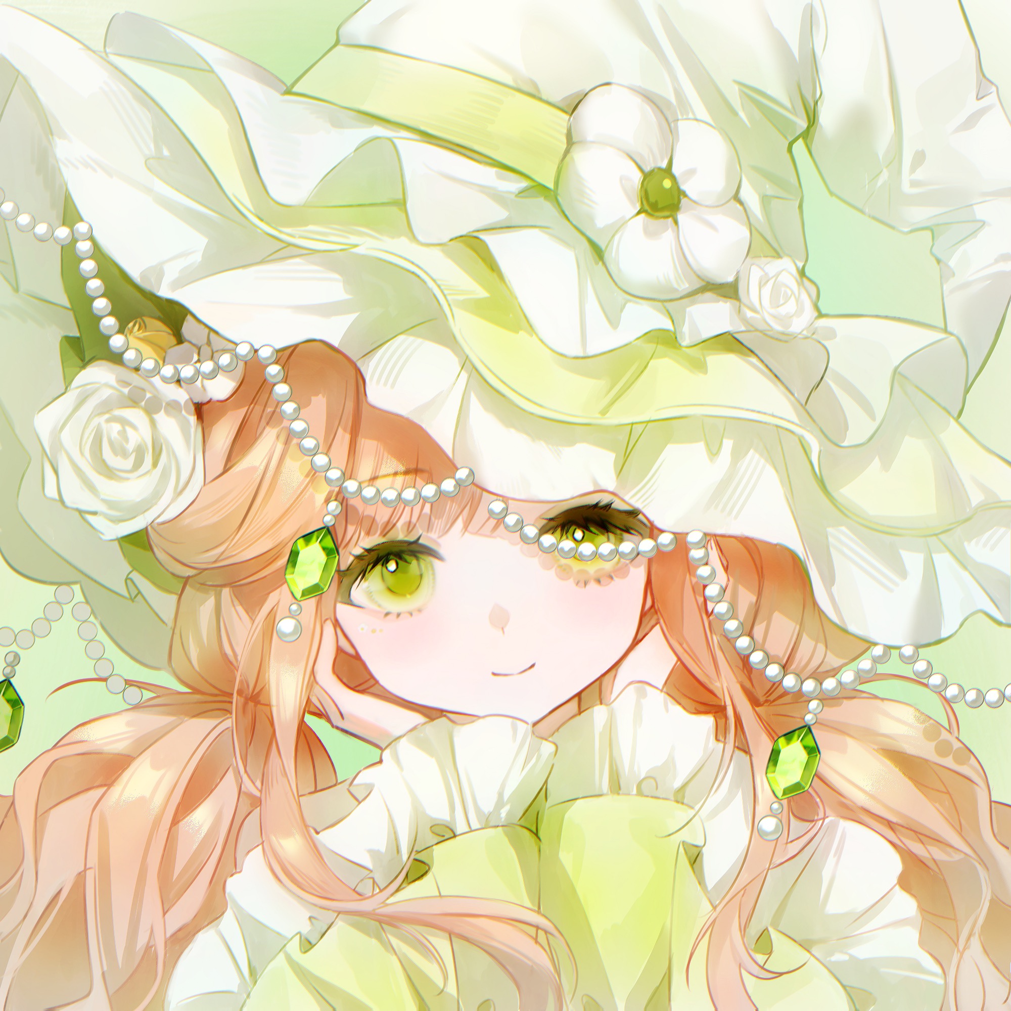 sishilan, infinity nikki, nikki (series), chinese commentary, commentary request, highres, 1girl, beads, closed mouth, dot nose, dress, eyelashes, eyeshadow, flower, frilled dress, frilled headwear, frilled sleeves, frills, gem, green background, green dress, green eyes, green eyeshadow, green gemstone, green hat, green theme, hair flower, hair ornament, hands on own cheeks, hands on own face, happy, hat, hat flower, light blush, long hair, long sleeves, low twintails, makeup, orange hair, rainfall & blossoms (infinity nikki), rose, sidelocks, simple background, smile, solo, straight-on, tareme, twintails, upper body, wavy hair, white flower, white rose, witch, witch hat