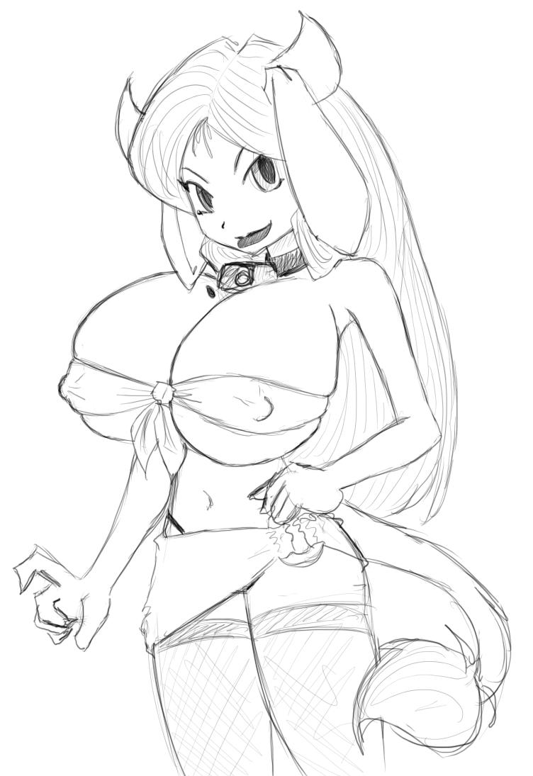 kokido, animal ears, bell, breasts, cleavage, cowbell, horns, huge breasts, long hair, sketch, tail