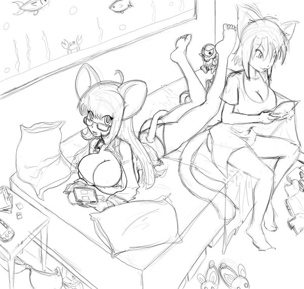 kokido, animal ears, breasts, cleavage, glasses, huge breasts, long hair, short hair, sketch, tail