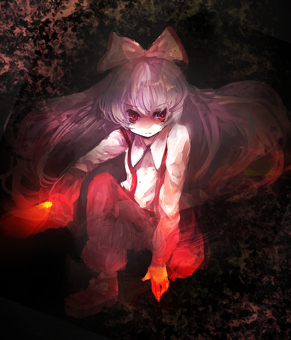 eiko (pixiv), eiko (tukino), fujiwara no mokou, touhou, silver hair, bad id, bad pixiv id, 1girl, female focus, long hair, red eyes, solo
