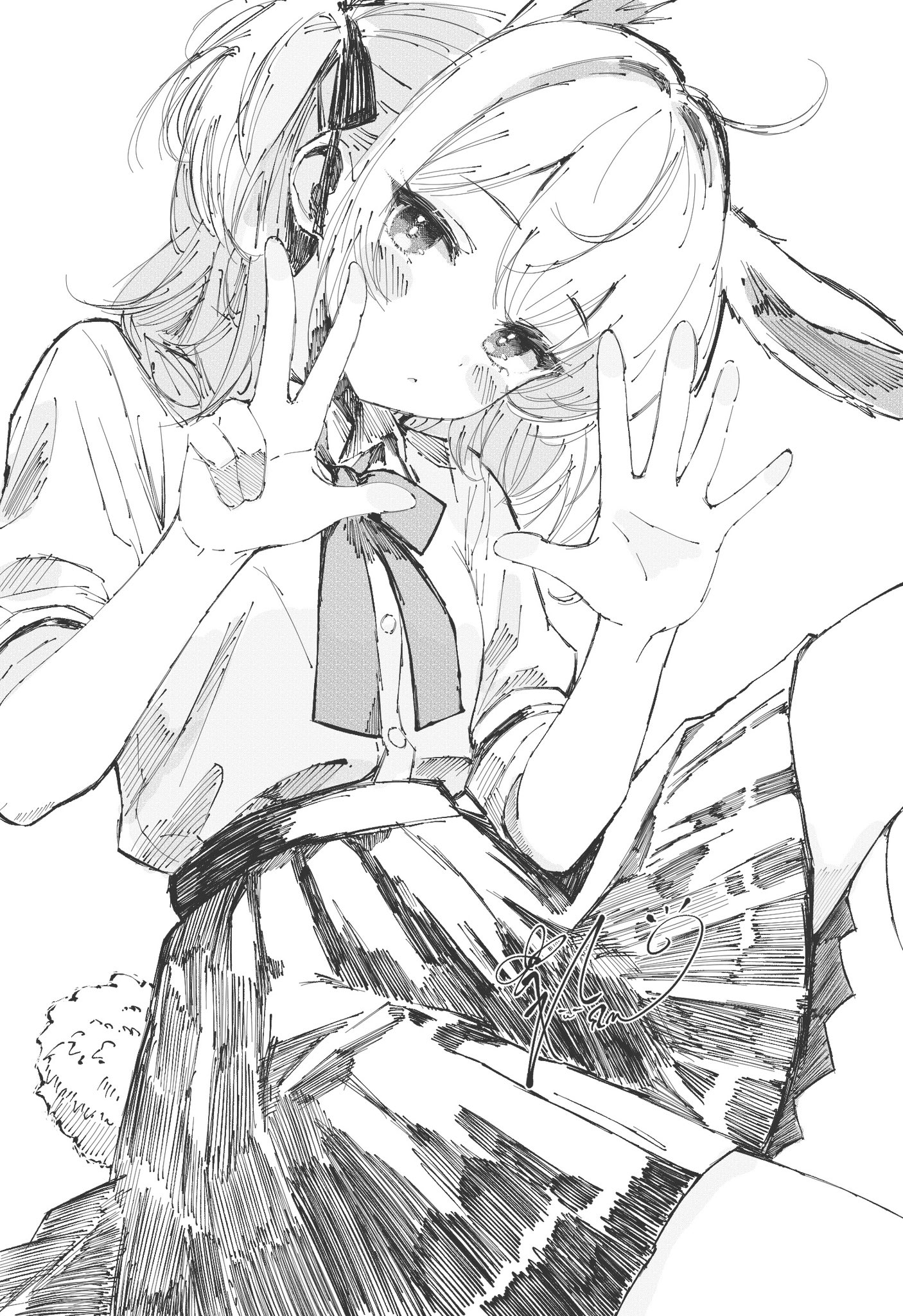 ichiya refi, original, highres, 1girl, animal ears, blush, bow, bowtie, collared shirt, double w, greyscale, hands up, looking at viewer, medium hair, monochrome, pleated skirt, rabbit ears, rabbit girl, rabbit tail, ribbon, school uniform, shirt, shirt tucked in, short sleeves, signature, simple background, sketch, skirt, solo, tail, virtual youtuber, w, white background