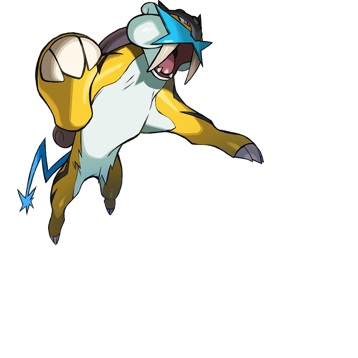 tokiya, raikou, nintendo, pokemon, archived source, official art, second-party source, animal focus, claws, fangs, full body, gen 2 pokemon, legendary pokemon, no humans, open mouth, pokemon (creature), pokemon focus, red eyes, solo, transparent background