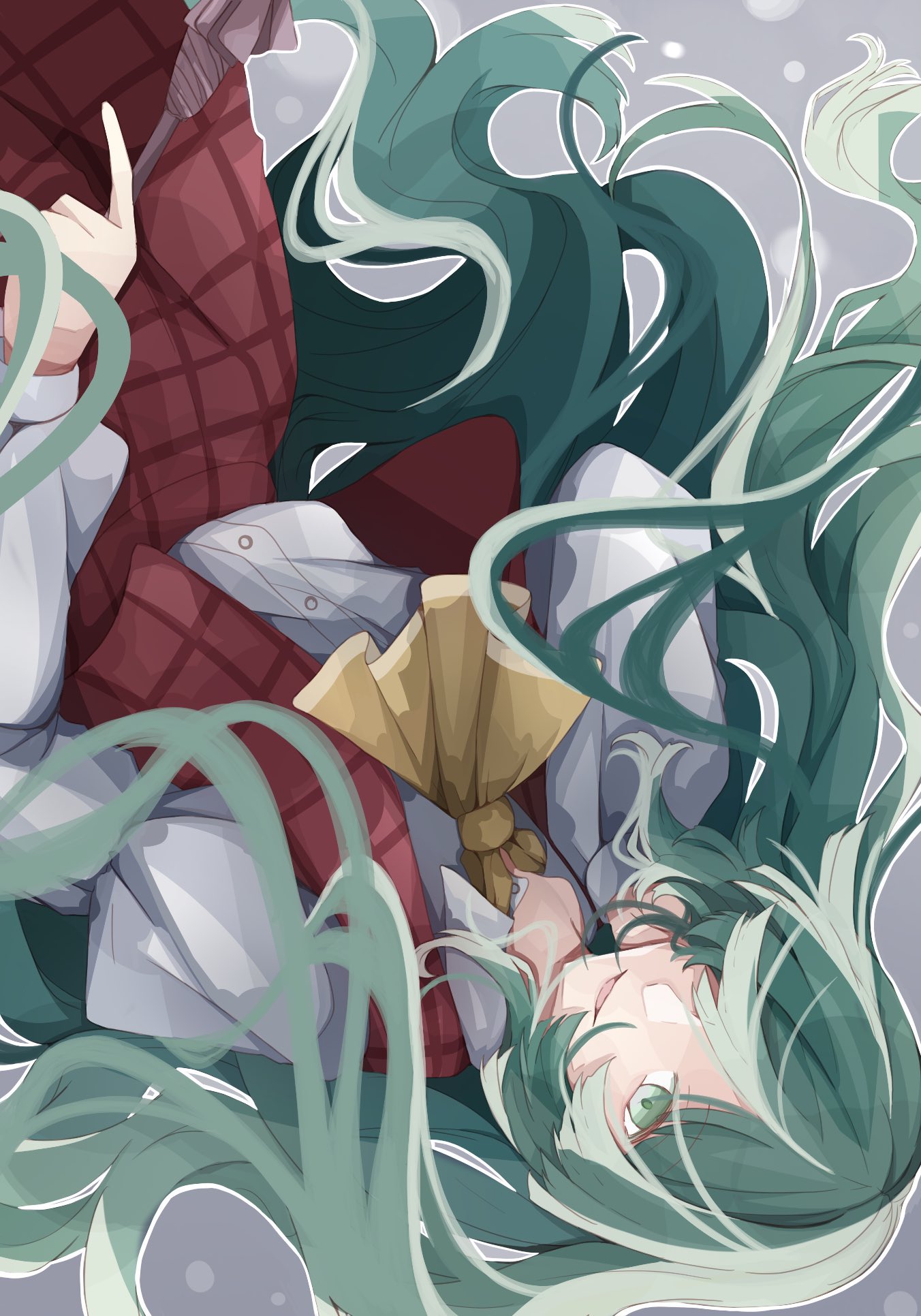 unafugu, kazami yuuka, kazami yuuka (pc-98), touhou, touhou (pc-98), clip studio paint (medium), highres, 1girl, :d, ascot, buttons, green eyes, green hair, grey background, hair over one eye, index finger raised, juliet sleeves, long bangs, long hair, long sleeves, looking at viewer, open clothes, open mouth, open vest, outline, pants, plaid clothes, plaid pants, plaid vest, pointing, puffy sleeves, red pants, red vest, shirt, simple background, smile, solo, upside-down, very long hair, vest, wavy hair, white shirt, yellow ascot