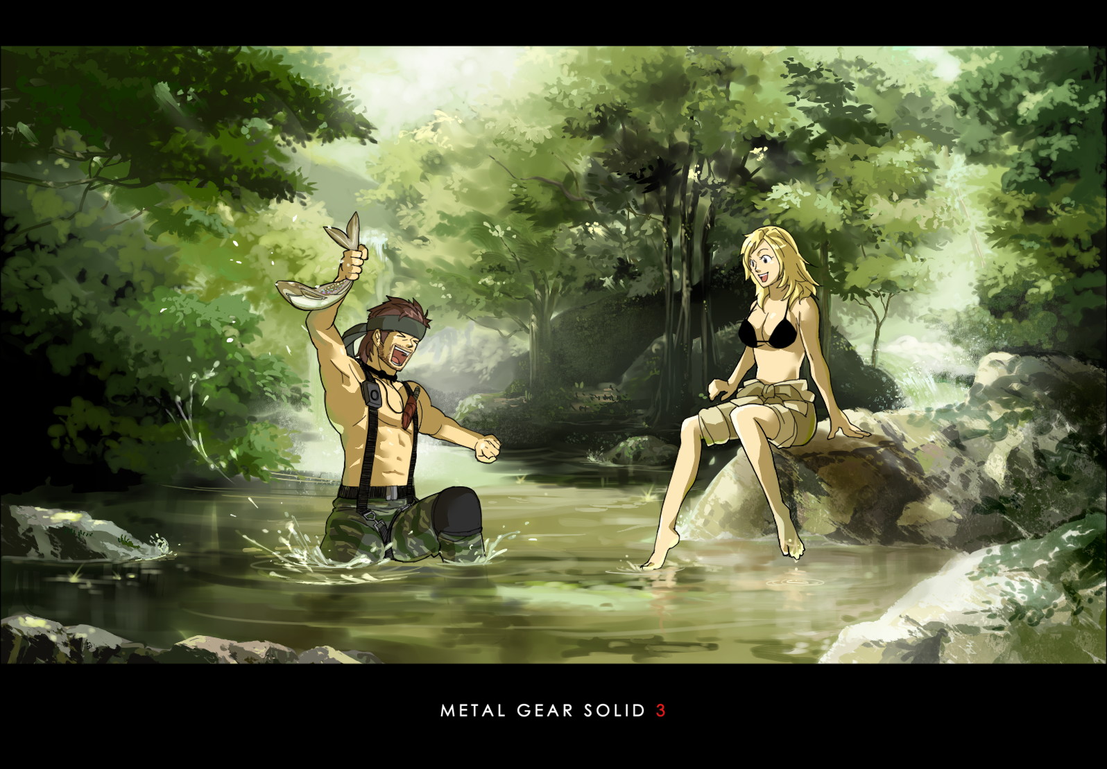 hinoe (dd works), big boss, eva (metal gear), naked snake, konami, metal gear (series), metal gear solid, metal gear solid 3: snake eater, 1boy, 1girl, barefoot, bikini, bikini top only, blonde hair, brown hair, fish, headband, letterboxed, long hair, nature, river, smile, swimsuit