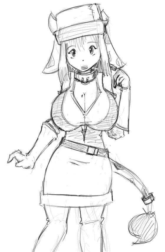 kokido, animal ears, breasts, horns, huge breasts, sketch, skirt, tail