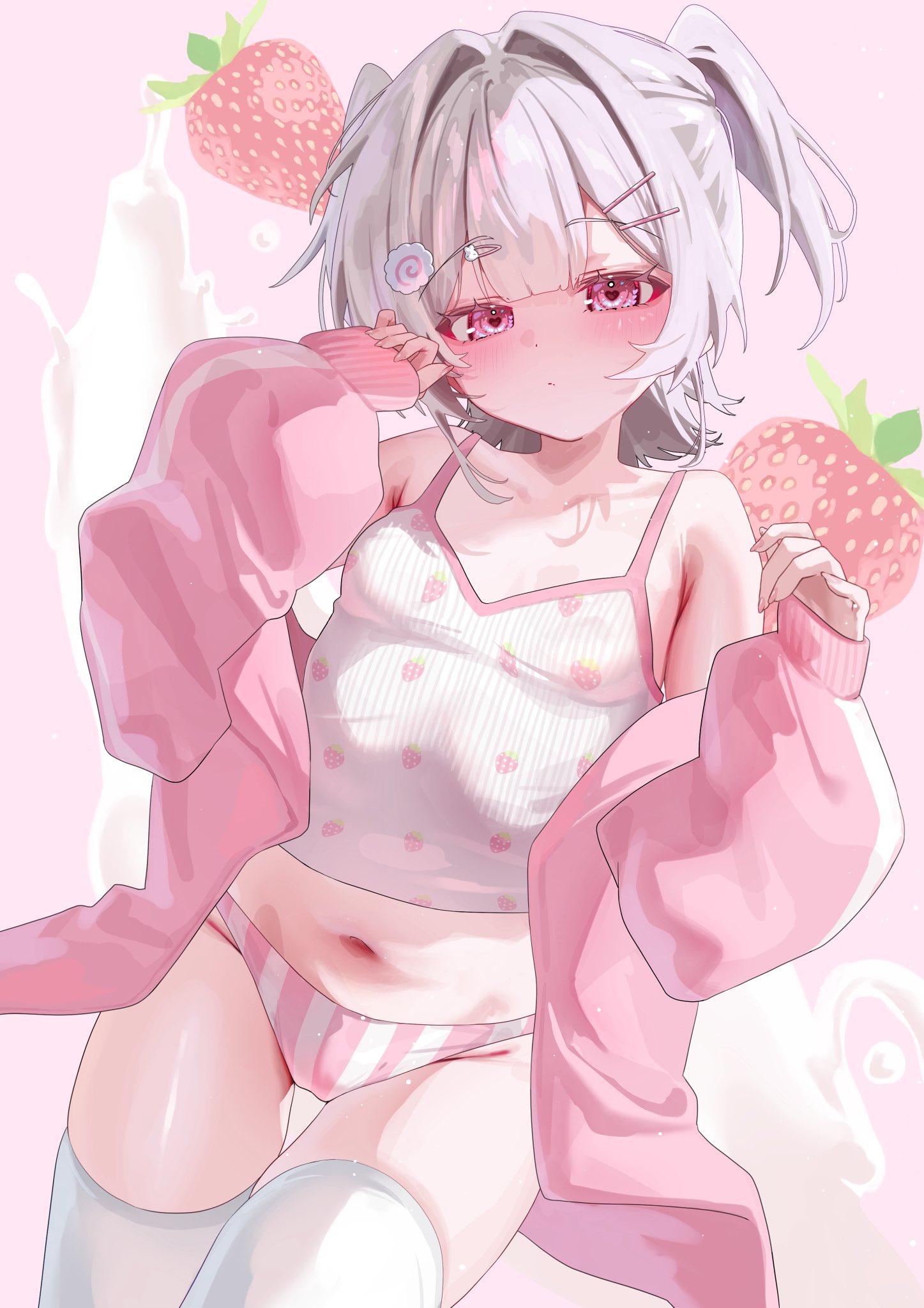kakuma aru, original, highres, 1girl, bare shoulders, blush, breasts, camisole, closed mouth, food, food print, fruit, fruit print, hair ornament, hairclip, jacket, long sleeves, looking at viewer, no pants, off shoulder, open clothes, open jacket, panties, pink eyes, pink jacket, pink panties, sleeves past wrists, solo, stomach, strawberry print, striped clothes, striped panties, thighhighs, underwear, white panties