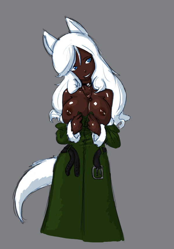 kokido, animal ears, blue eyes, breasts, dark skin, huge breasts, tail, white hair