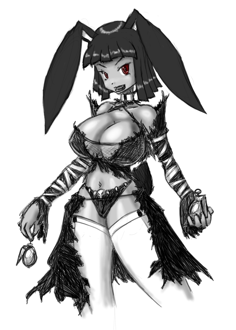 kokido, animal ears, black hair, breasts, fang, goth fashion, huge breasts, panties, red eyes, short hair, sketch, thighhighs, underwear, vampire