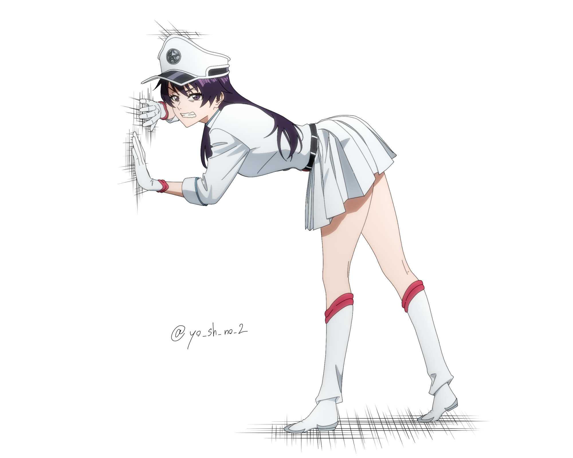 yoshino (laencl), bambietta basterbine, bleach, highres, 1girl, against wall, belt, boots, clenched teeth, gloves, hat, long hair, military hat, purple eyes, purple hair, quincy (bleach), shirt, signature, skirt, sternritter, teeth, wandenreich uniform, white background, white boots, white gloves, white hat, white shirt, white skirt