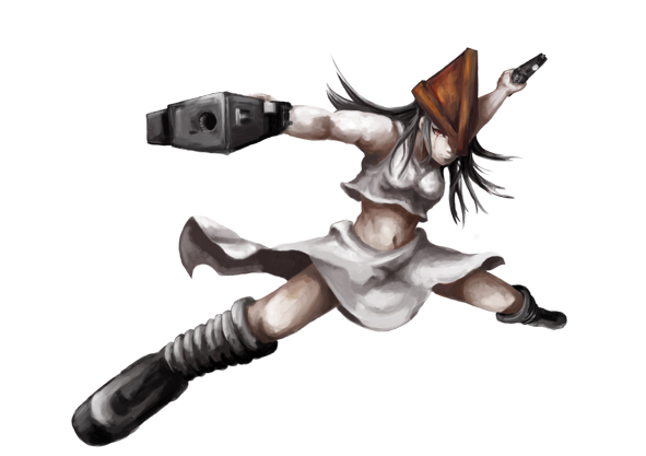 thoma+, too tatsu, pyramid head, silent hill, silent hill (series), silent hill 2, bad id, bad pixiv id, gender request, black boots, boots, full body, genderswap, gun, legs apart, simple background, solo, weapon, white background