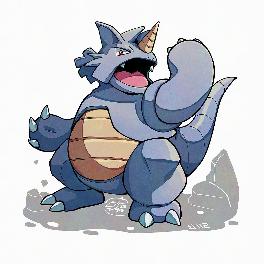 mistray-art, rhydon, nintendo, pokemon, :d, gen 1 pokemon, hand up, horns, open mouth, pokedex number, pokemon (creature), red eyes, single horn, smile, standing, tail, white background