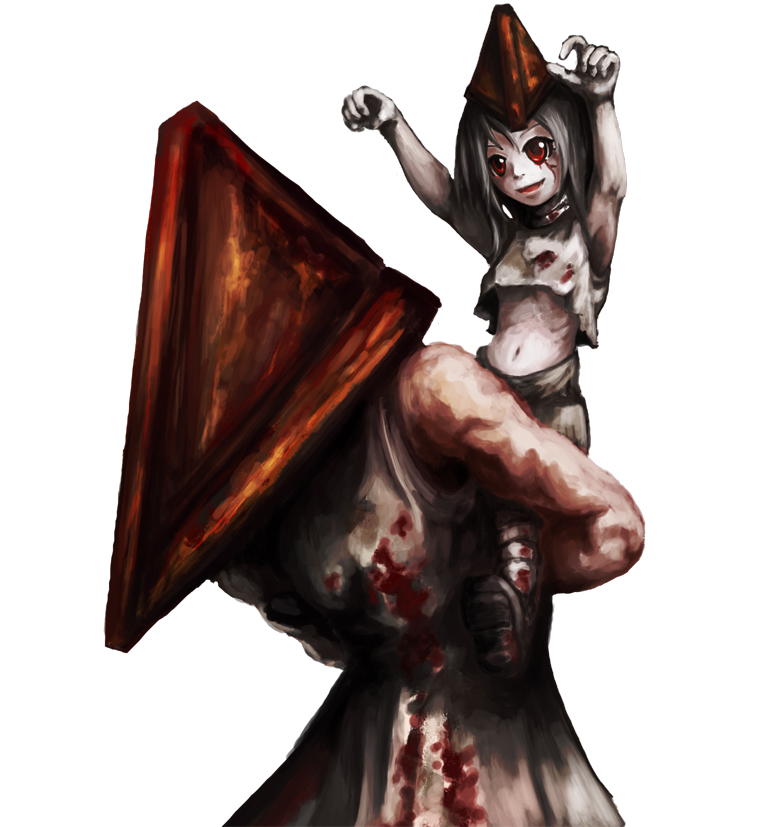 thoma+, too tatsu, pyramid head, silent hill, silent hill (series), silent hill 2, bad id, bad pixiv id, 1boy, 1girl, age difference, blood, carrying, child, father and daughter, helmet, piggyback, red eyes, simple background, what, white background