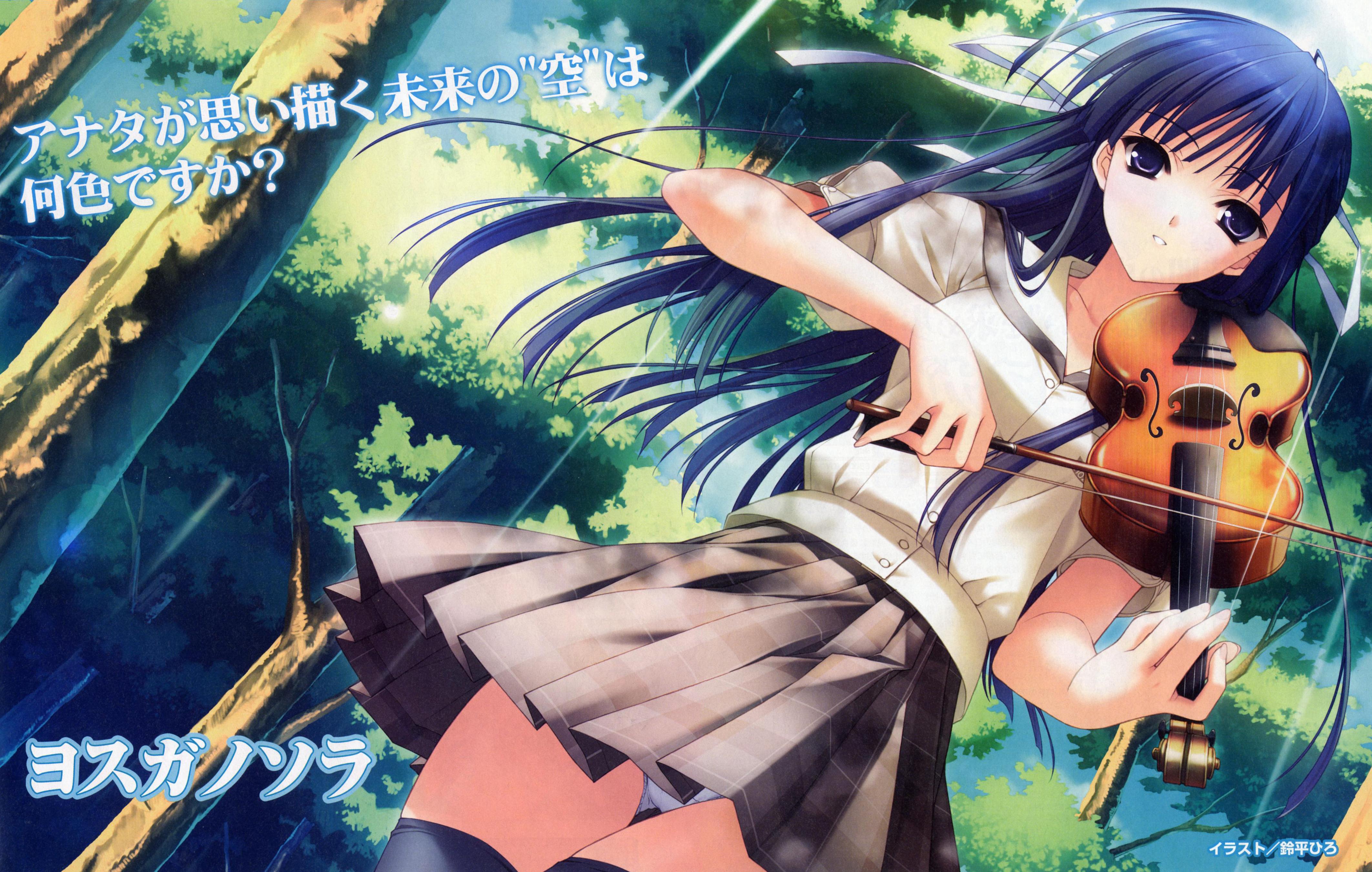 suzuhira hiro, migiwa kazuha, yosuga no sora, absurdres, highres, translation request, 1girl, blue eyes, blue hair, bow, female focus, forest, hair bow, instrument, matching hair/eyes, mizawa kazuha, nature, panties, pantyshot, solo, thighhighs, underwear, upskirt, violin, white panties, zettai ryouiki