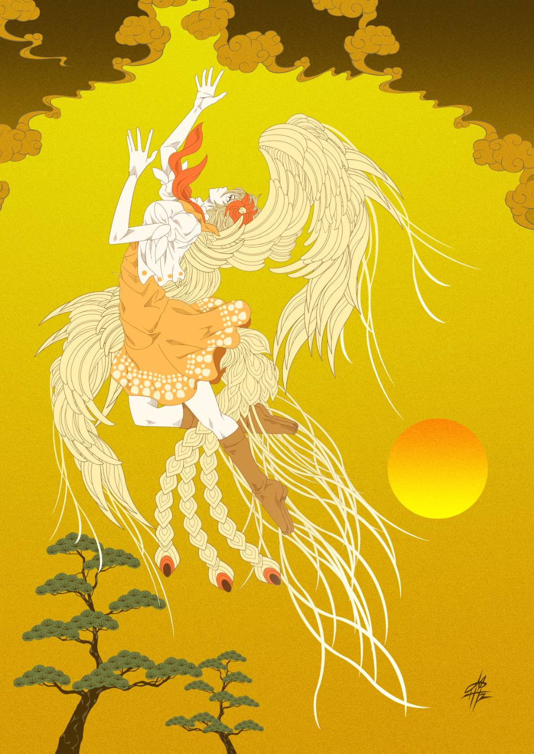 yamada satoshi, niwatari kutaka, touhou, highres, 1girl, animal, animal on head, baby animal, bird, bird on head, bird tail, bird wings, boots, chick, chicken, dress, feathered wings, from side, full body, multicolored hair, on head, orange dress, reaching, red hair, solo, sun, tail, tree, two-tone hair, wings, xiangyun, yellow background, yellow theme, yellow wings