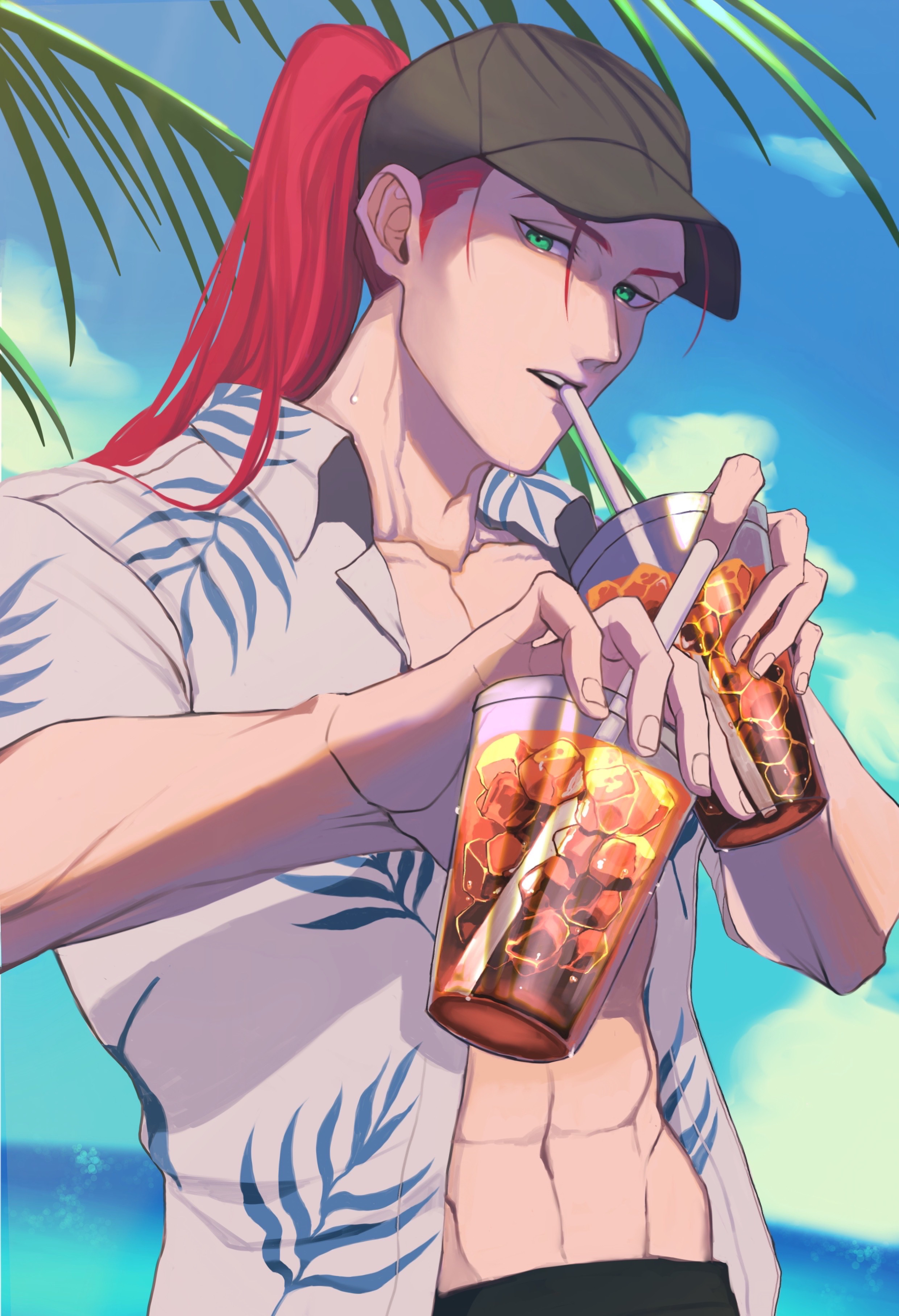shinon (fire emblem), fire emblem, fire emblem: path of radiance, nintendo, absurdres, commentary request, highres, 1boy, abs, alternate costume, baseball cap, cup, disposable cup, green eyes, hat, holding, holding cup, incoming drink, long hair, male focus, open clothes, open shirt, outdoors, ponytail, print shirt, red hair, shirt, sky, solo, toned, toned male, yakinasu1111