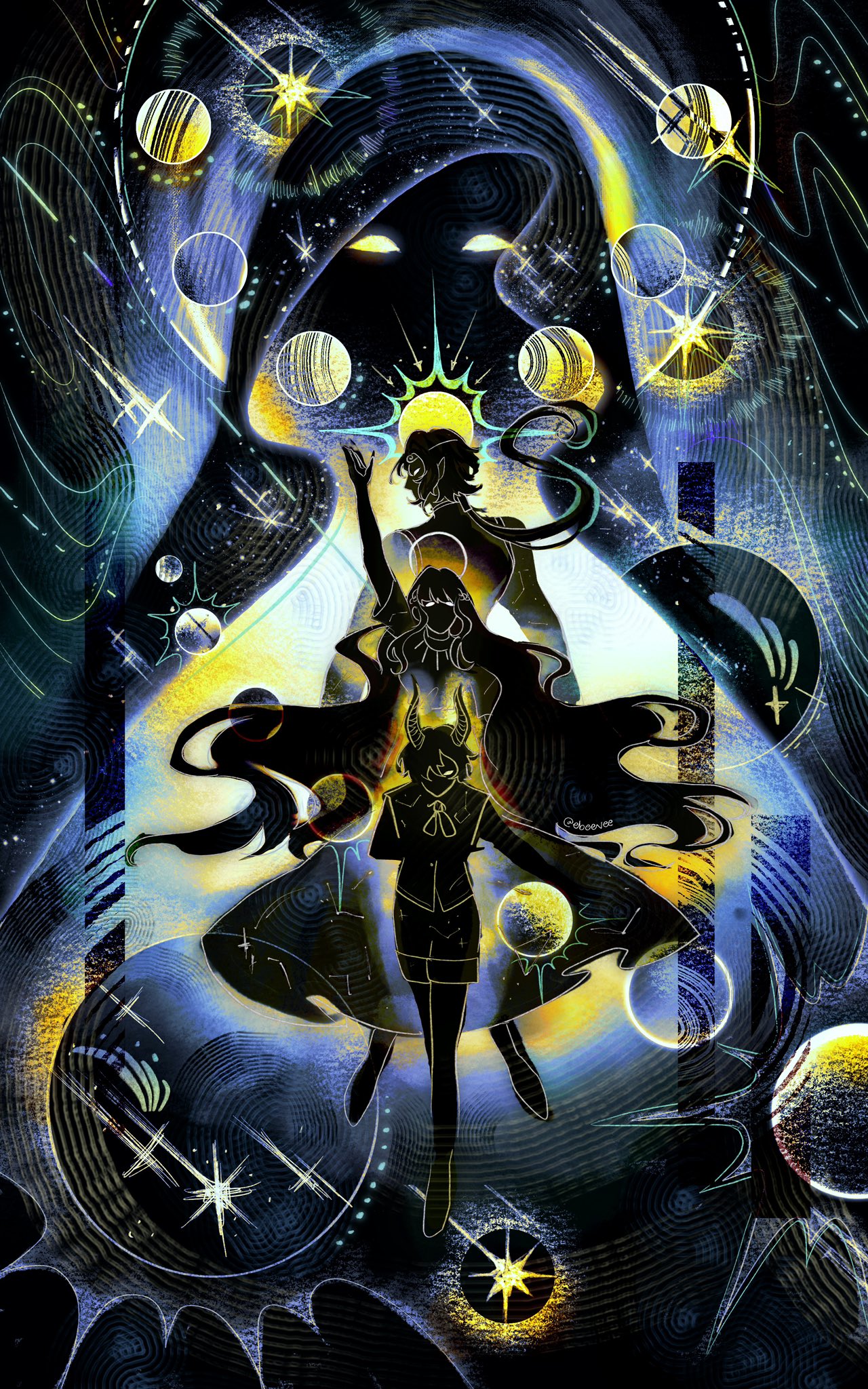 evie (baoxiao), secretive plotter, sun wukong (omniscient reader's viewpoint), uriel (omniscient reader's viewpoint), omniscient reader's viewpoint, highres, 1girl, 3boys, abyssal black flame dragon (omniscient reader's viewpoint), arm up, black dress, bowing, color contrast, dragon horns, dress, empty eyes, full body, glowing, glowing eyes, hair flowing over, halo, halo behind head, hands on own hips, horns, long hair, looking at viewer, looking back, low ponytail, multiple boys, muscular, muscular male, neck ribbon, planet, pointy ears, ponytail, ribbon, saturated, shorts, sidelocks, silhouette, size difference, smirk, standing, star (symbol), starry sky print, sun, tunic, very long hair, walking towards viewer