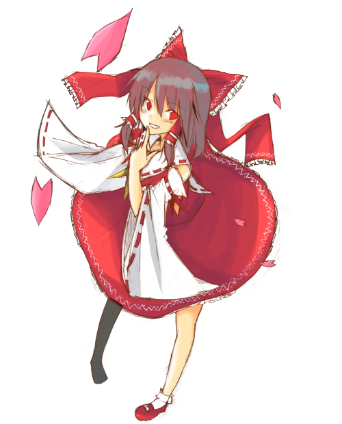 huei nazuki, hakurei reimu, touhou, 1girl, black hair, blush, bow, detached sleeves, dress, female focus, finger to mouth, grin, hair bow, hair tubes, open mouth, petals, red eyes, shadow, short hair, simple background, smile, socks, solo, standing, teeth, white background