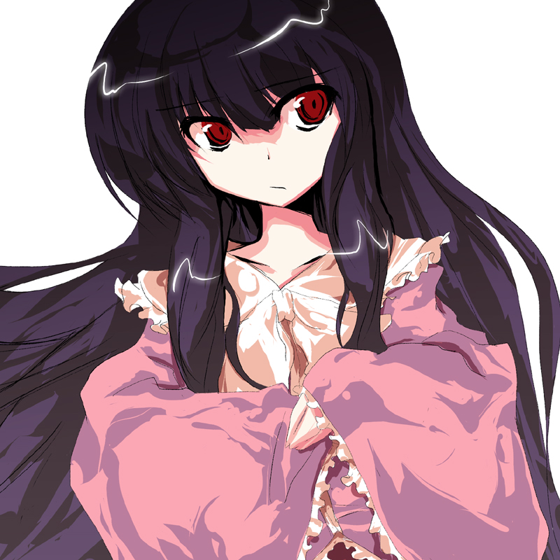 asagi (kabocha oukoku), asagi shii, auer, hisago (pixiv), houraisan kaguya, touhou, 1girl, :/, alphes (style), black hair, female focus, frills, japanese clothes, long hair, parody, red eyes, solo, style parody, upper body