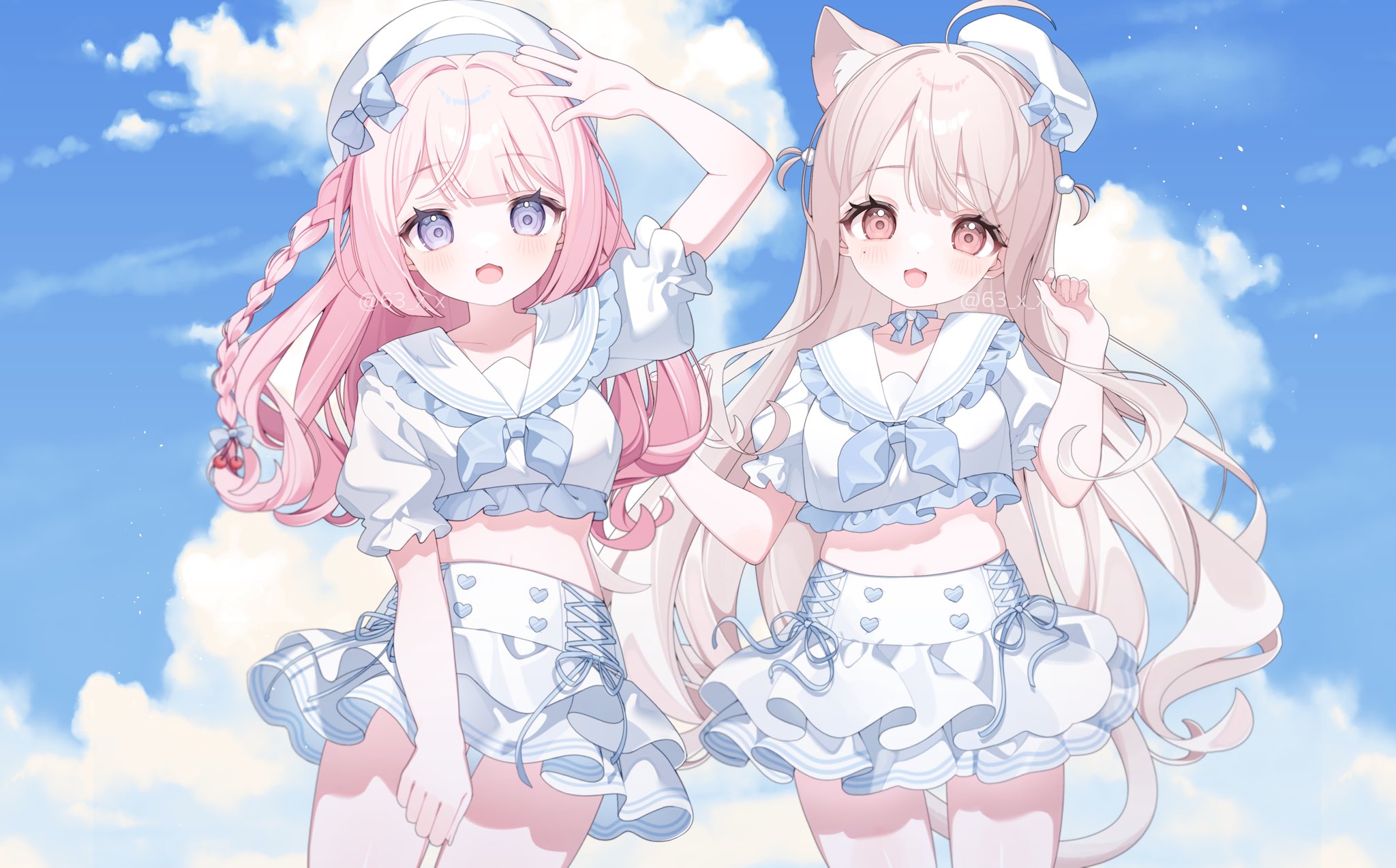 original, highres, 2girls, 63 m, :d, animal ears, arm up, beret, blue bow, blue sky, bow, braid, cat ears, cat girl, cloud, day, frills, hat, long hair, multiple girls, open mouth, outdoors, pink hair, puffy short sleeves, puffy sleeves, purple eyes, sailor collar, shirt, short sleeves, skirt, sky, smile, tail, very long hair, virtual youtuber, white sailor collar, white shirt, white skirt