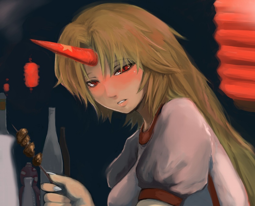 ginji (sakaki summer), hoshiguma yuugi, touhou, 1girl, blonde hair, blush, bottle, female focus, food, horns, long hair, red eyes, single horn, solo, yakitori