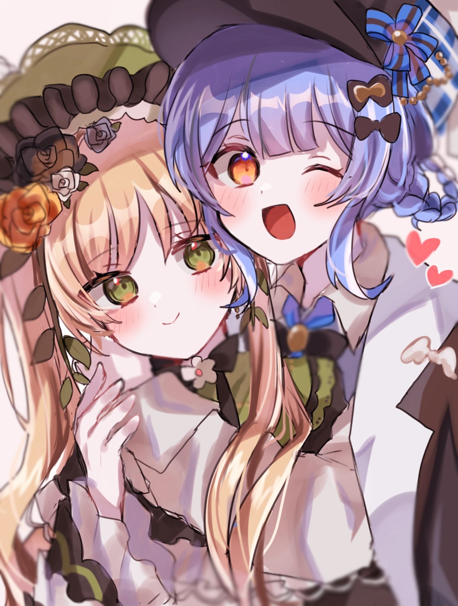 tosiosito, tachibana sherry, toono hanna, mahou shoujo no majo saiban, commentary request, highres, 2girls, ;d, black capelet, black hat, blonde hair, blue hair, blunt bangs, blush, bonnet, braid, braided hair rings, capelet, closed mouth, flower, frilled sleeves, frills, green eyes, hair rings, hat, heart, hug, lolita fashion, long hair, long sleeves, looking at viewer, magical girl, multiple girls, necktie, one eye closed, open mouth, rose, shirt, short hair, smile, twintails, upper body, white shirt, yellow eyes, yellow flower, yellow rose
