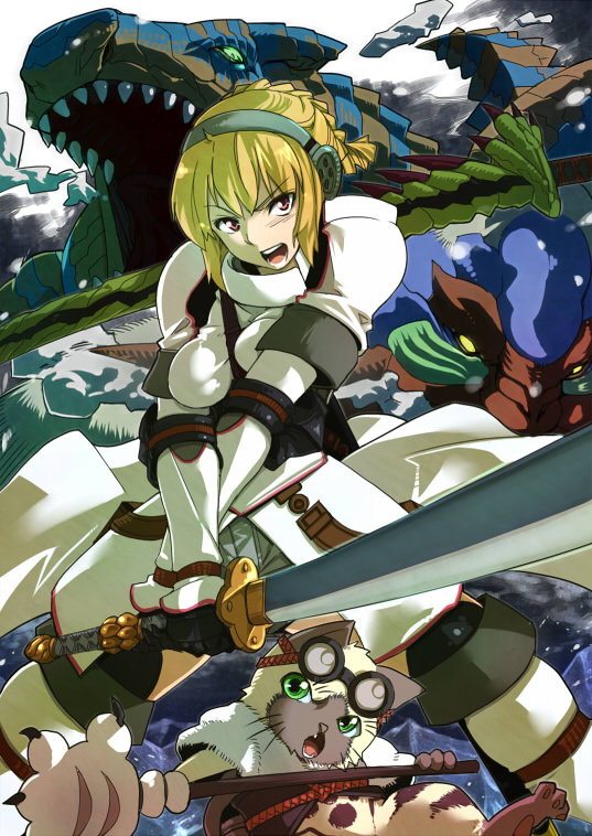 akinaie, blangonga, felyne, tigrex, capcom, monster hunter (series), 1girl, blonde hair, goggles, khezu (armor), short hair