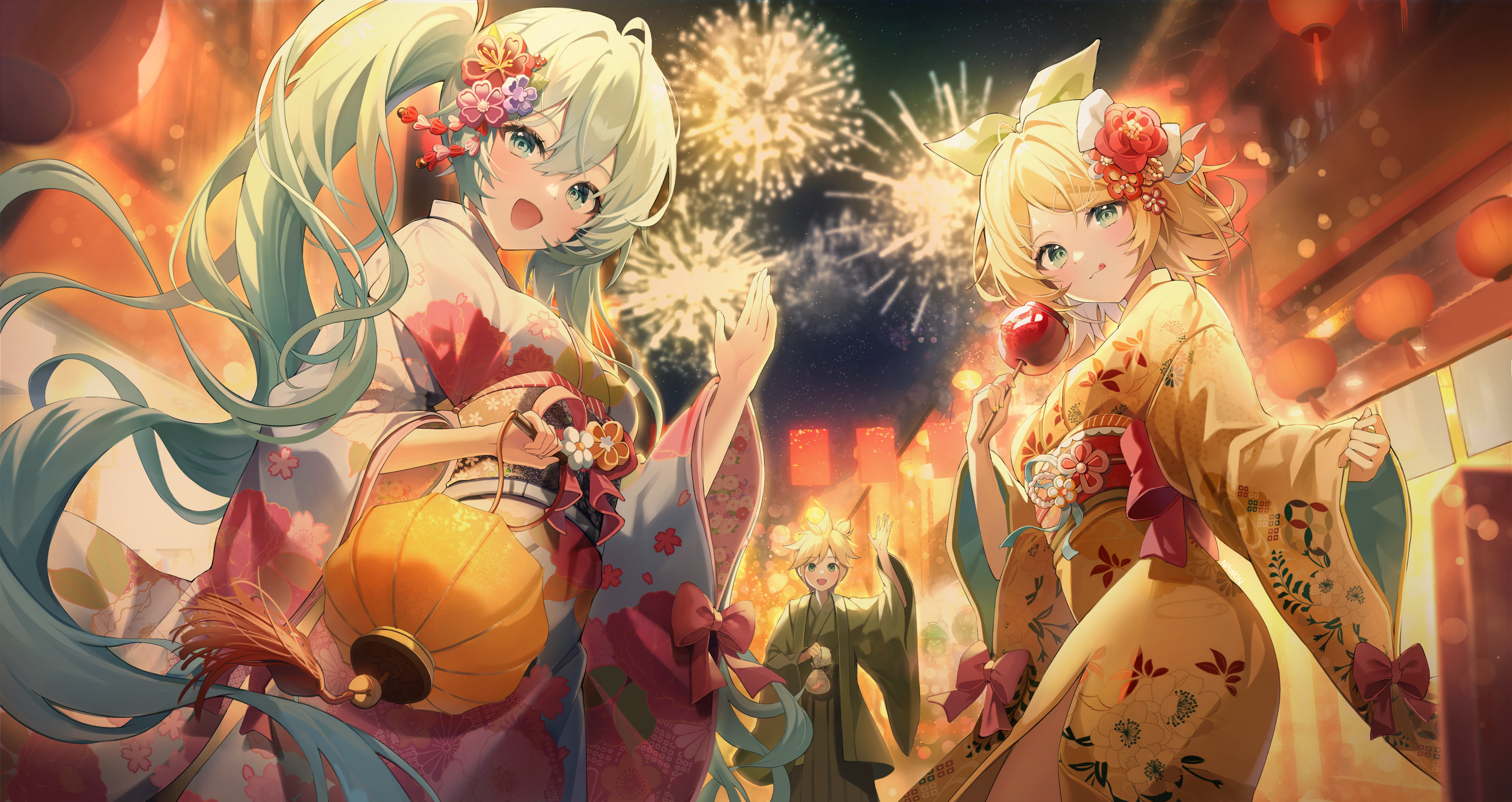 nawon, hatsune miku, kagamine len, kagamine rin, project sekai, vocaloid, absurdres, commentary request, highres, 1boy, 2girls, :d, :q, aqua hair, blonde hair, blue eyes, blurry, blurry background, bow, breasts, candy apple, cowboy shot, flower, food, green bow, hair bow, hair flower, hair ornament, holding, holding food, japanese clothes, kimono, licking lips, long hair, long sleeves, looking at viewer, multiple girls, night, open mouth, outdoors, red flower, red sash, sash, short hair, smile, tongue, tongue out, twintails, very long hair, wavy hair, white kimono, wide sleeves