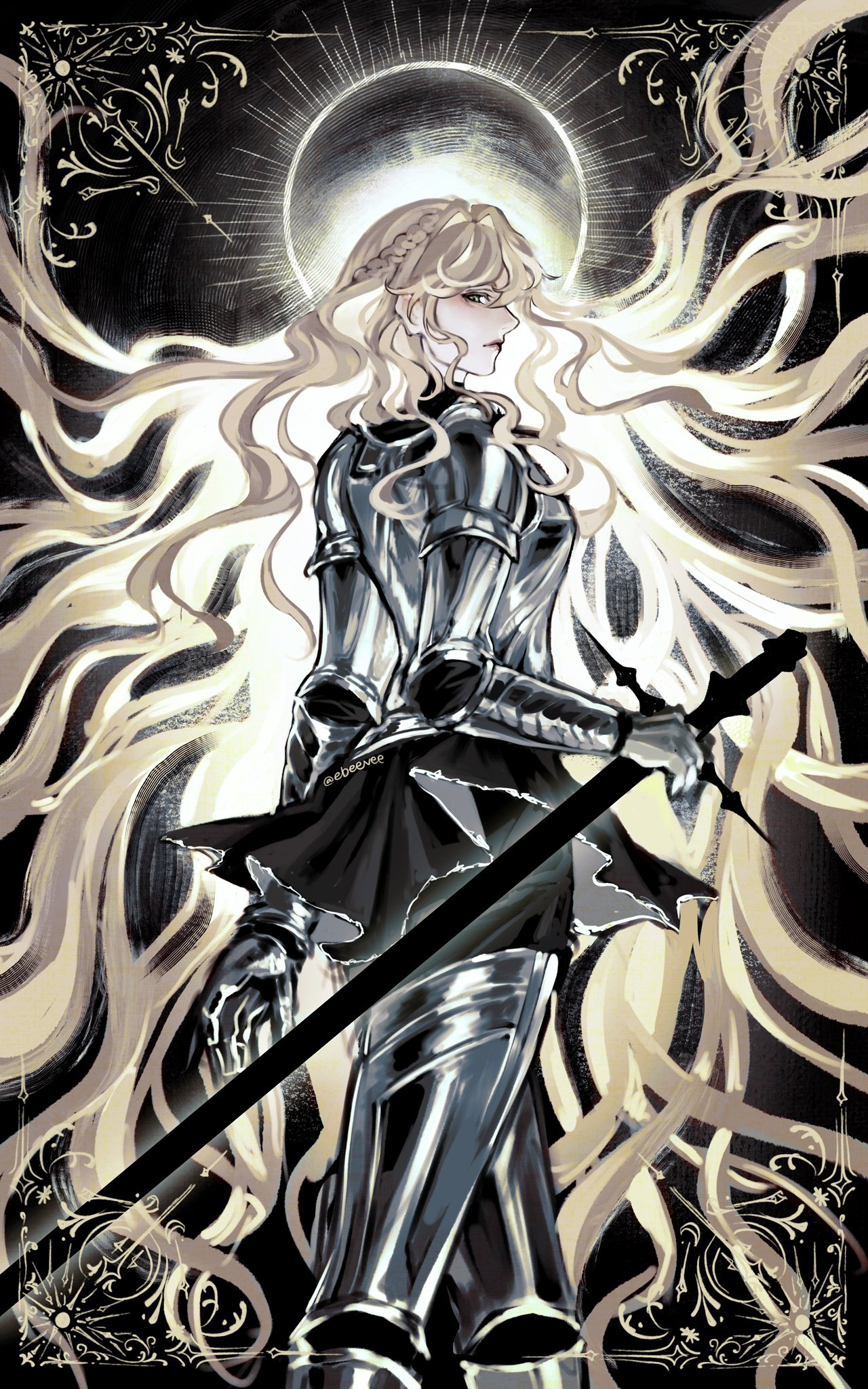 evie (baoxiao), uriel (omniscient reader's viewpoint), omniscient reader's viewpoint, highres, 1girl, armor, black skirt, blonde hair, blue eyes, border, braid, eclipse, feet out of frame, glowing, glowing hair, hair flowing over, holding, holding sword, holding weapon, long hair, looking back, ornate border, outside border, serious, skirt, solo, sun behind head, sword, very long hair, walking, weapon