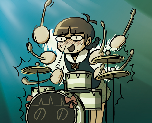 riyo (lyomsnpmp), akizuki ritsuko, nonowa, idolmaster, idolmaster (classic), idolmaster 1, 00s, antenna hair, blush, bow, braid, brown hair, drum, drum set, glasses, instrument, plaid clothes, plaid skirt, skirt, solo, twin braids