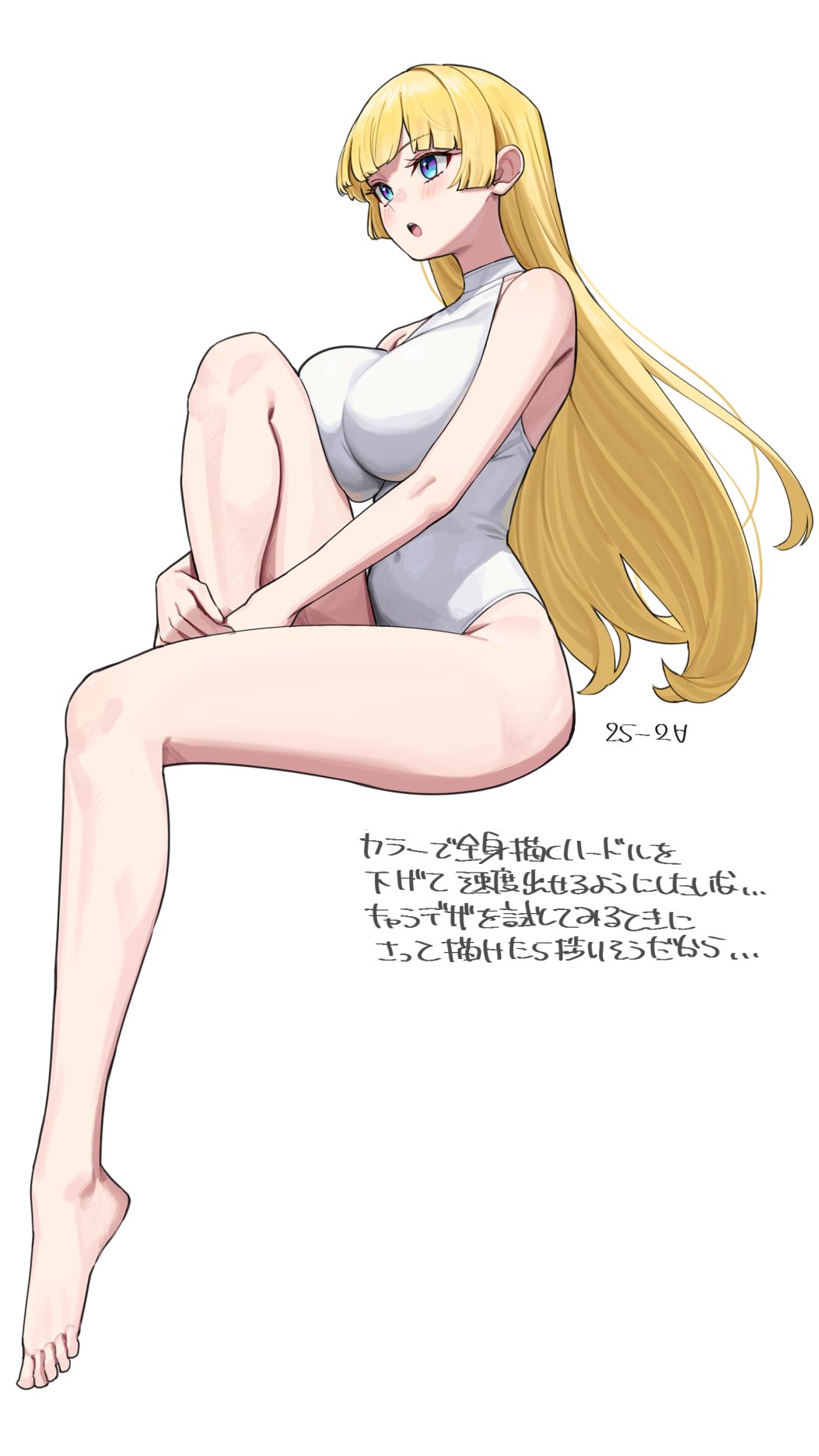 michihasu, lina (michihasu), original, highres, translation request, 1girl, barefoot, blonde hair, blue eyes, breasts, full body, large breasts, legs, long hair, looking at viewer, one-piece swimsuit, open mouth, simple background, solo, swimsuit, thighs, toes, white background, white one-piece swimsuit